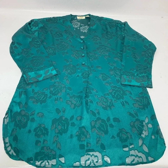 Victoria Secret Gold Label Night Shirt Medium Long Sleeve Semi Sheer Green Vtg - Picture 8 of 13